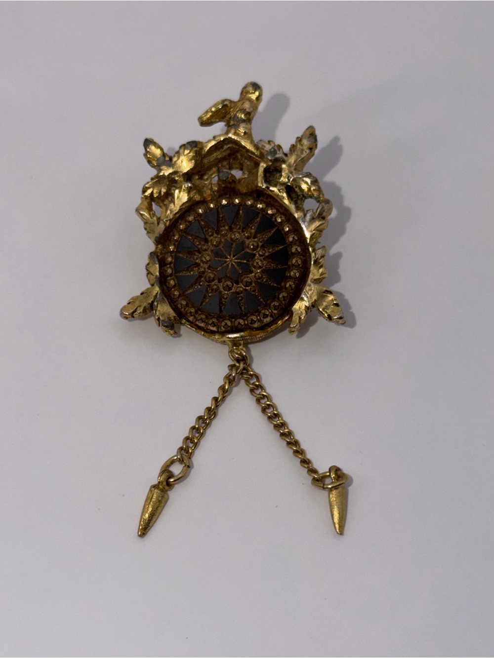 Vintage Dalsheim cuckoo clock Brooch Pin Gold Tone Articulated